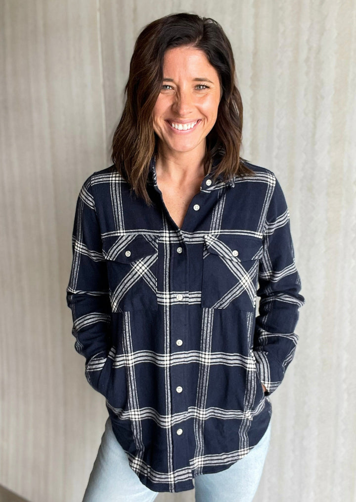 Navy and Ivory Button Up plaid top | Women's flannel tops 