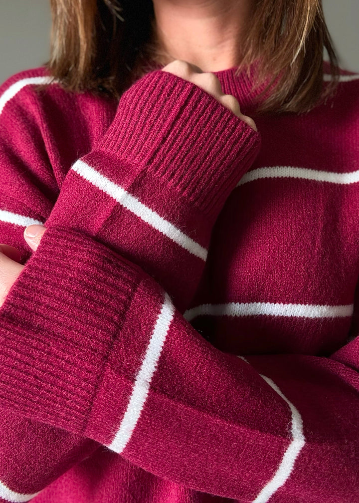 Striped Crew Neck Sweater (Maroon)
