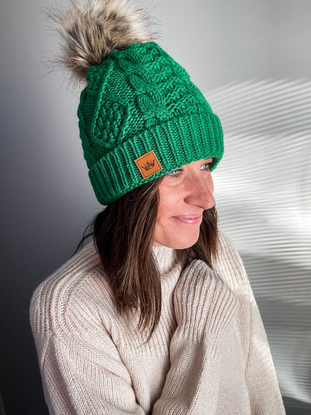 Cute Warm Winter Hats - Kelly Green Cable Knit Pom Hat