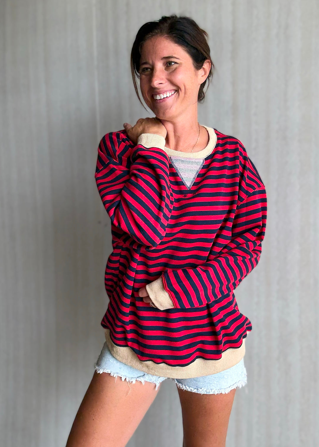 Women's Red & Navy Oversized Striped Top