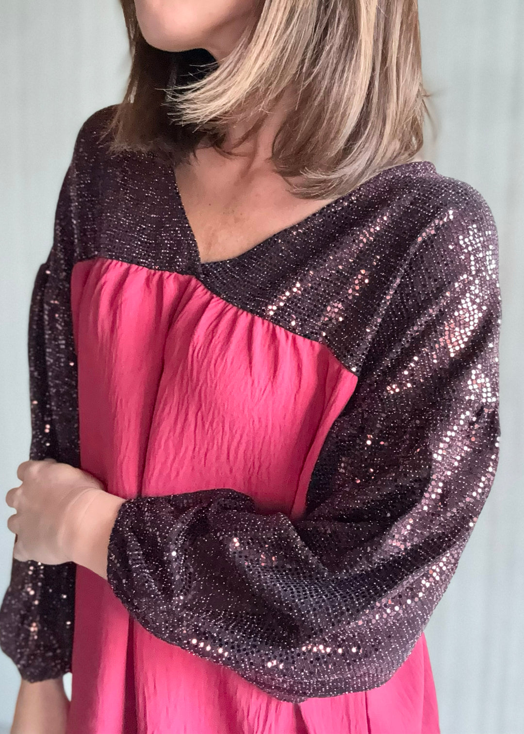 Maroon/Burgundy Sequin Babydoll Blouse | Women's Sequin Holiday Top