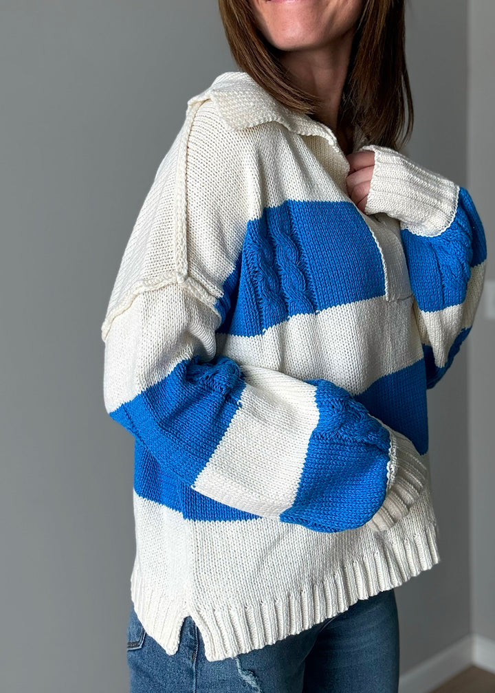 Women's Chunky Spring Sweater - Chunky Knit Pullover Sweater | blue and ivory striped sweater