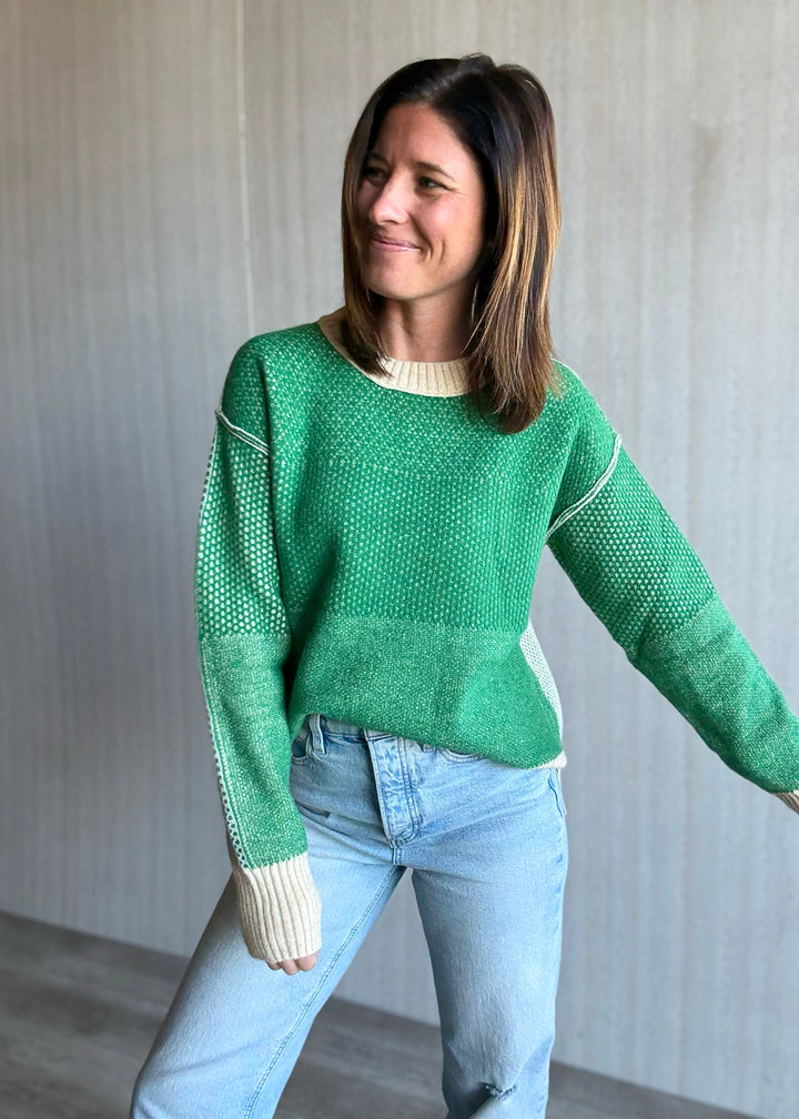 Green Color Block Textured Sweater