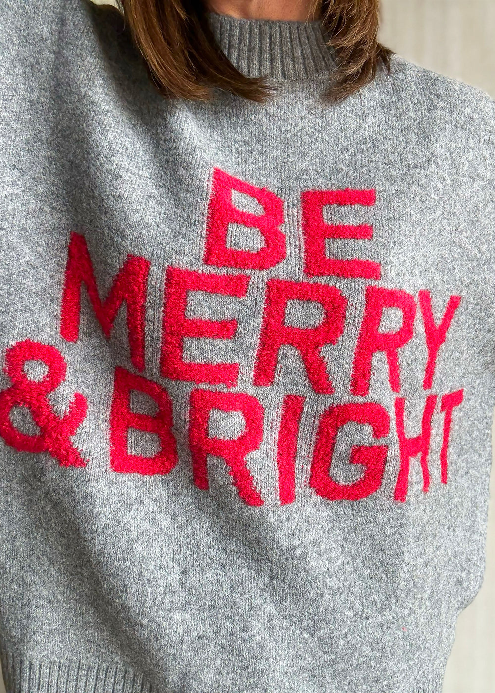Women's Gray & Red Be Merry & Bright Oversized Holiday Christmas Sweater