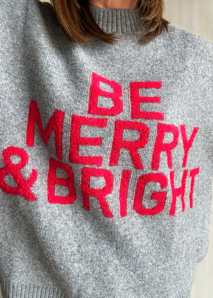 Women's Gray & Red Be Merry & Bright Oversized Holiday Christmas Sweater