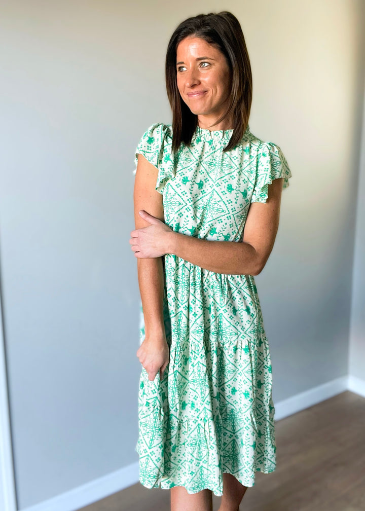 Flowy Printed Midi Dress | Spring and Summer Dresses | Green and White Dress