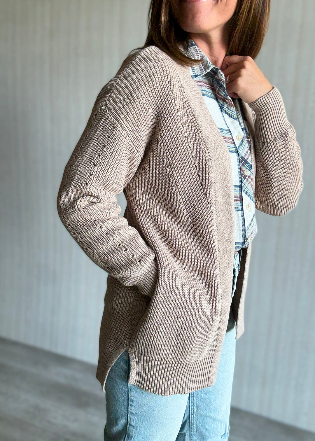 Women's Mocha Eyelet Open Cardigan Sweater