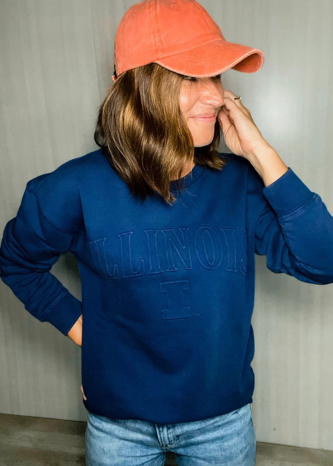 Women's Navy Embossed Illinois Sweatshirt | Champaign-Urbana Boutique with outfits for Illinois Game Day