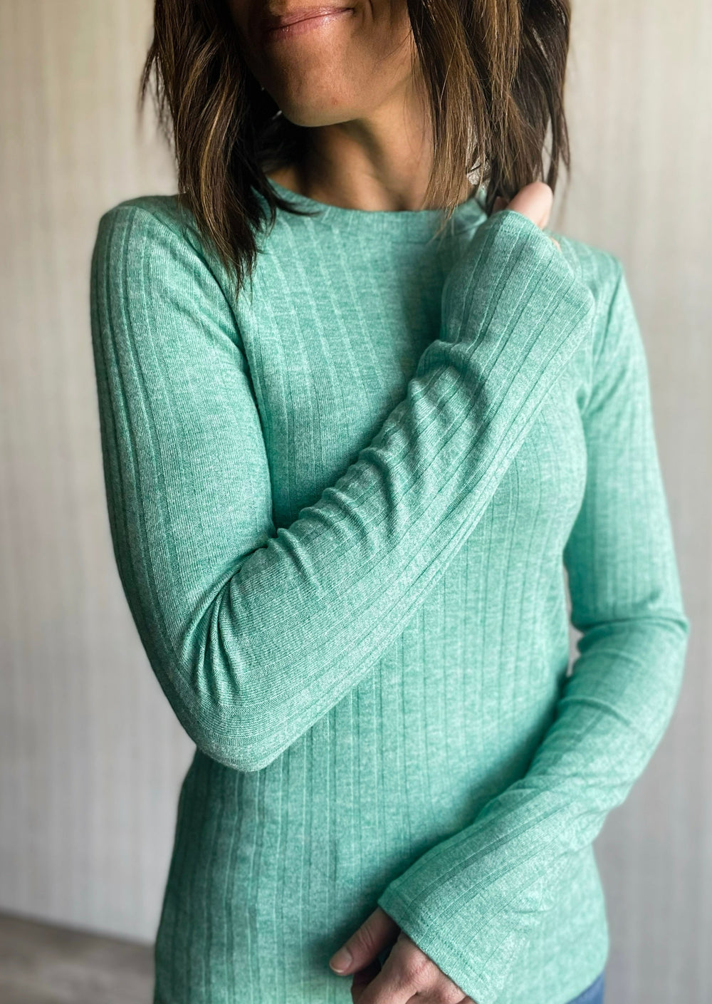 Women's Heathered Green Ribbed Long Sleeve Top