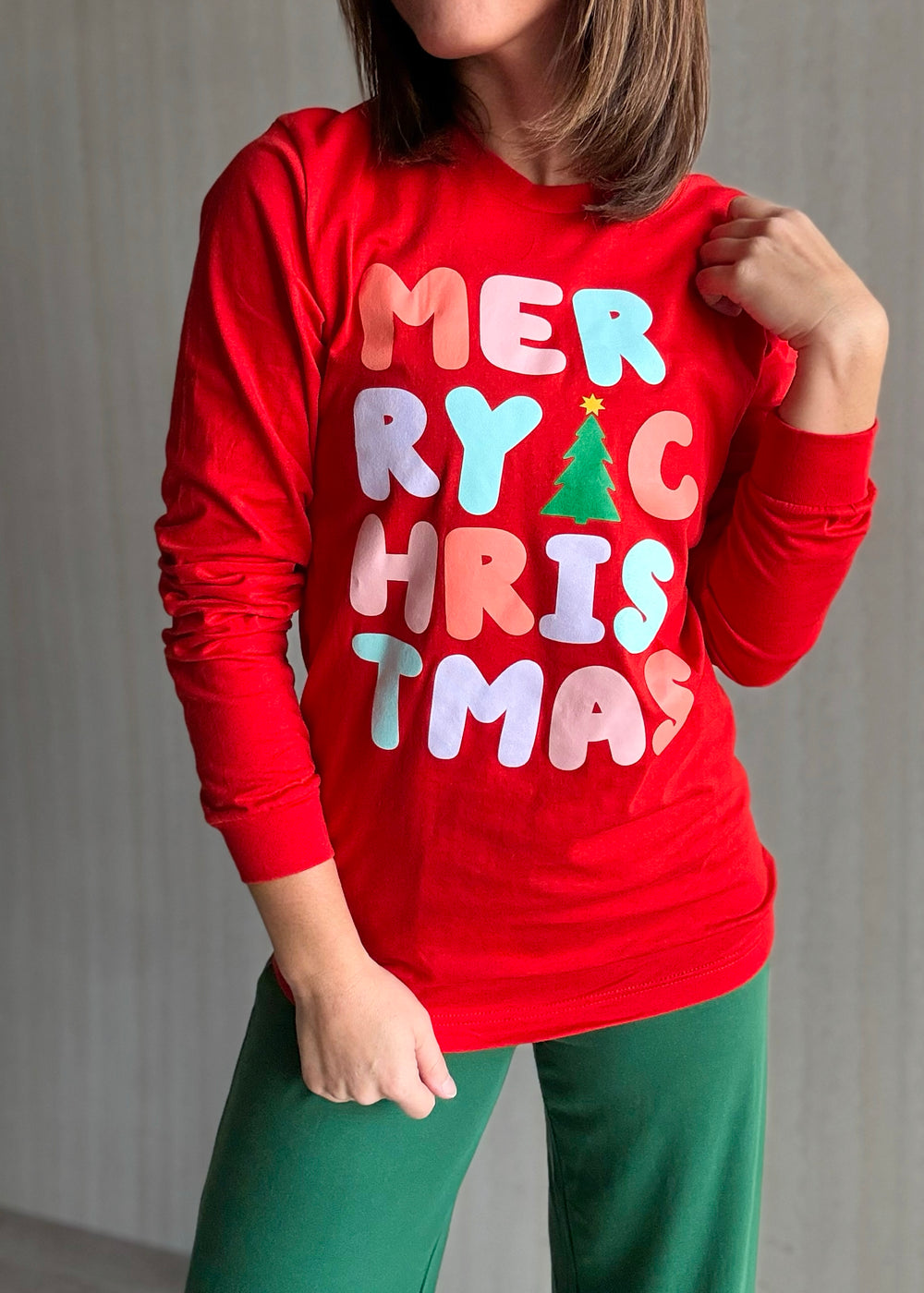 Women's Red Merry Christmas Long Sleeve Tee | Cute Holiday Graphic Shirts