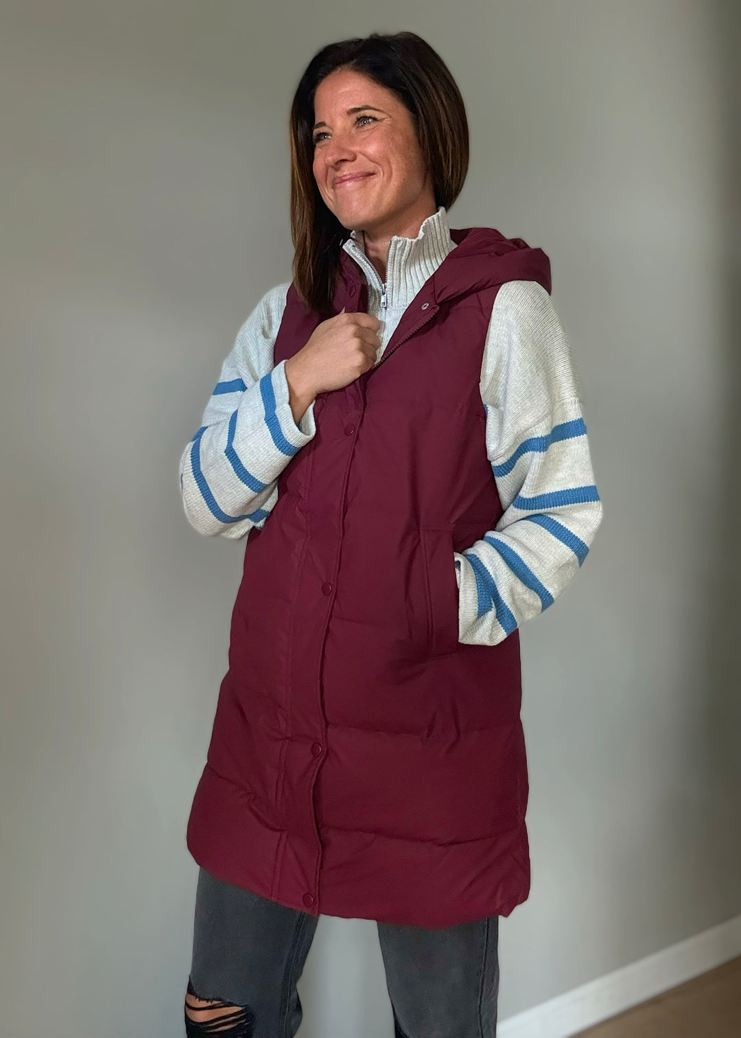 Women's Long Burgundy/Maroon Puffer Vest