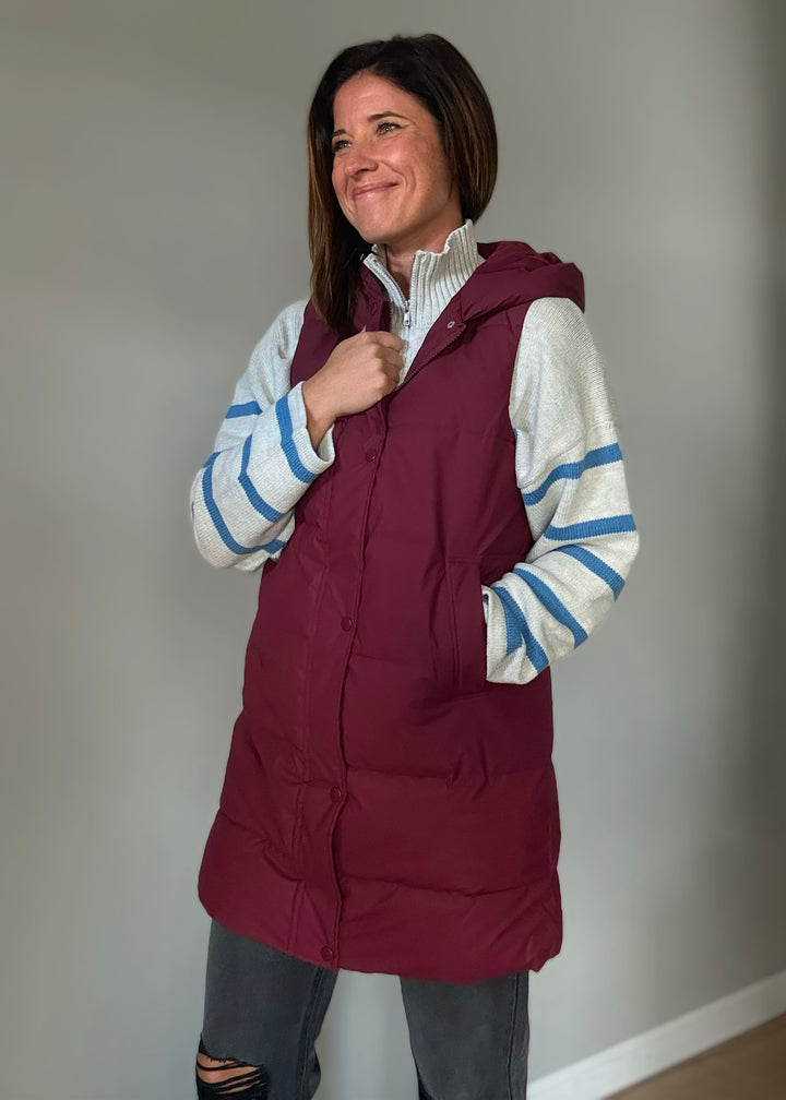 Women's Long Burgundy/Maroon Puffer Vest