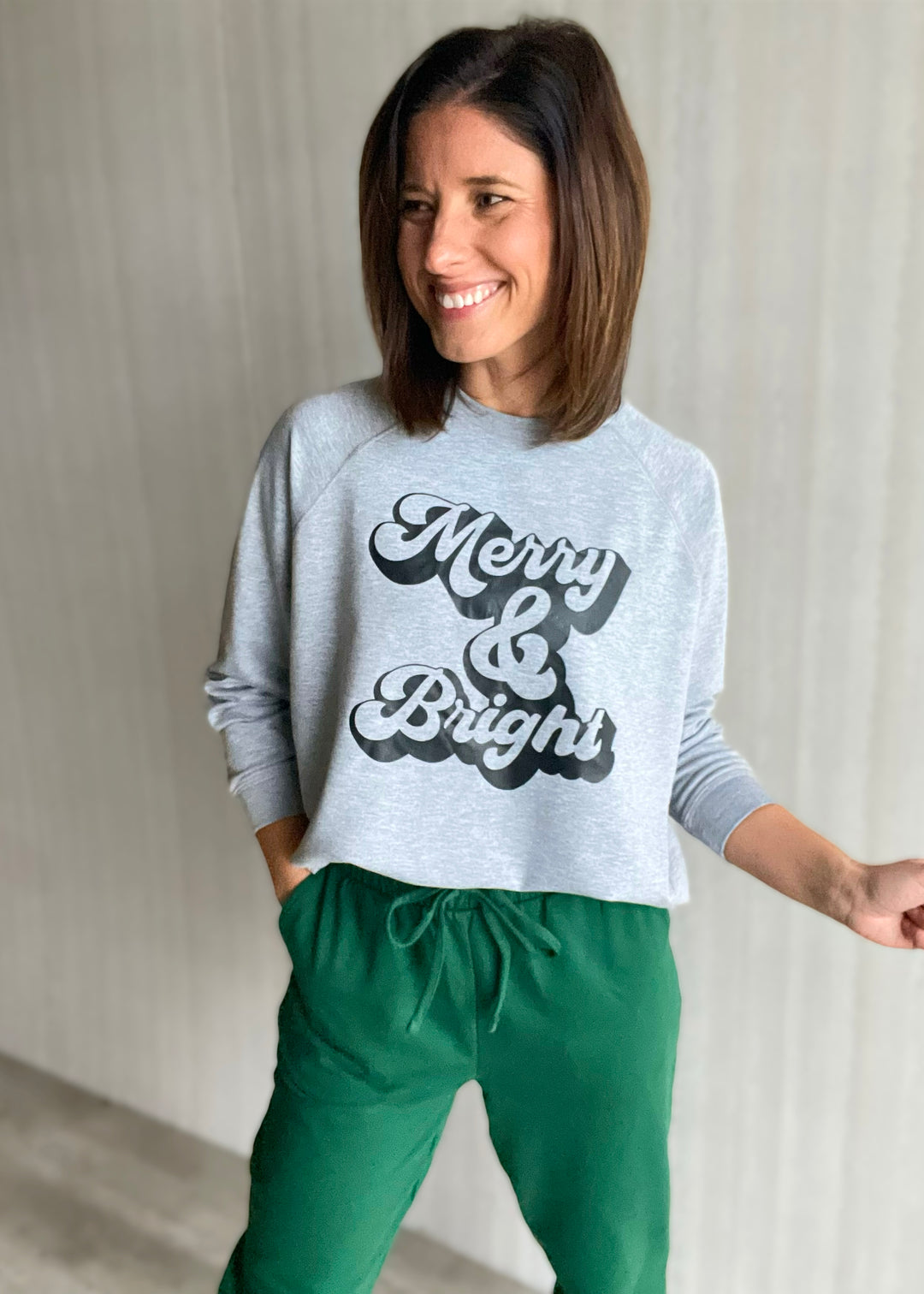 Women's Merry & Bright Long Sleeve Graphic Top | Gray Holiday Graphic Sweatshirt for Christmas