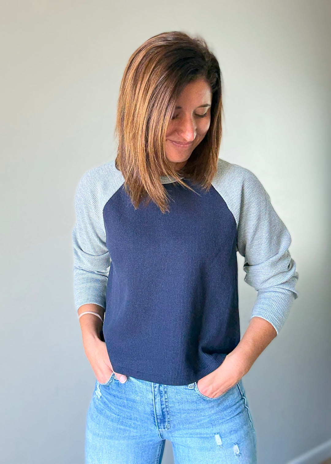 Women's Navy and Gray Waffle Raglan Top