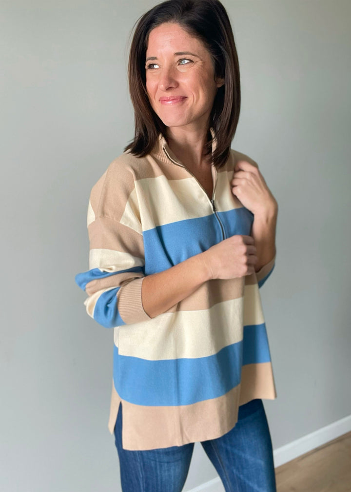 Women's Striped Half-Zip Sweater - Light Blue and Tan