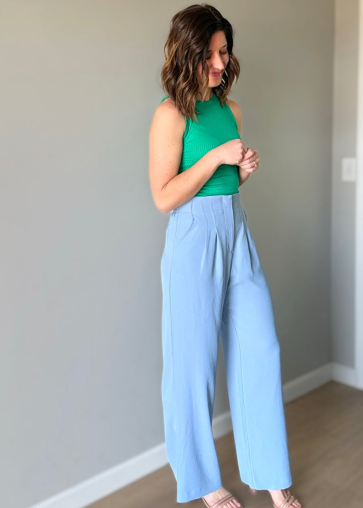 Women's Dress Pants - Skies Are Blue Brand - Dusty Blue Pintuck Wide Leg Pants