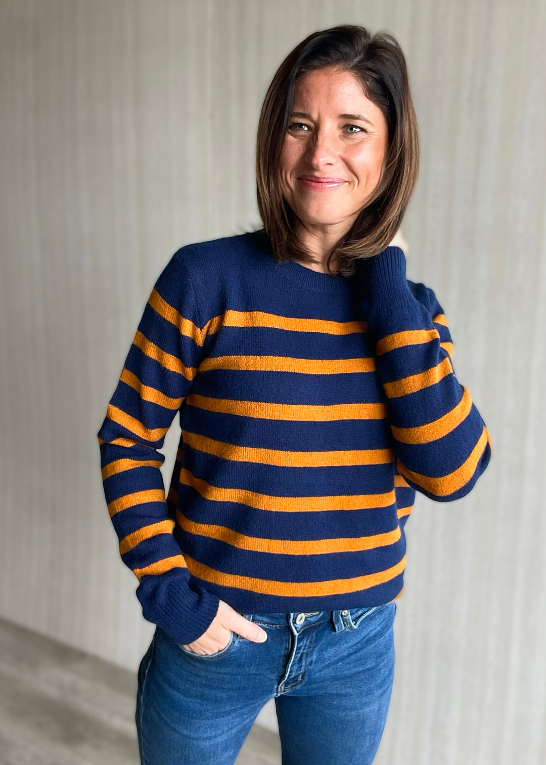 Women's Navy and golden brown striped sweater