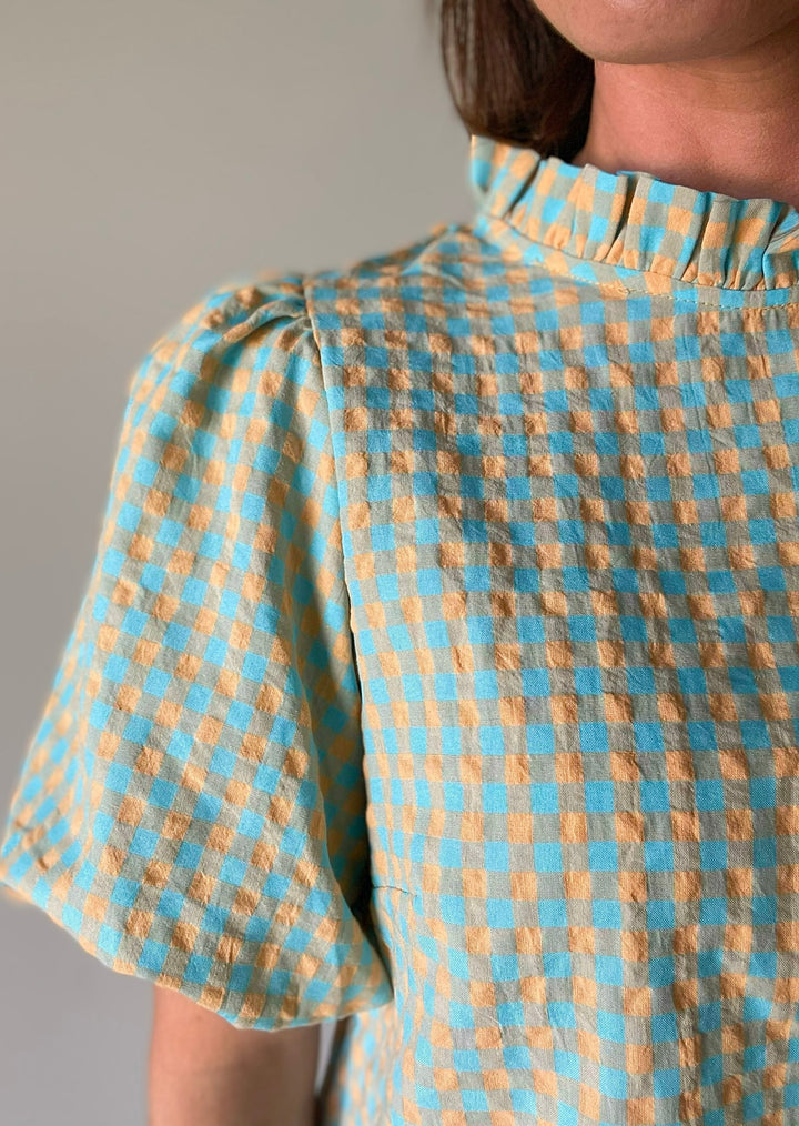 Checkered Melon & Aqua Women's Blouse