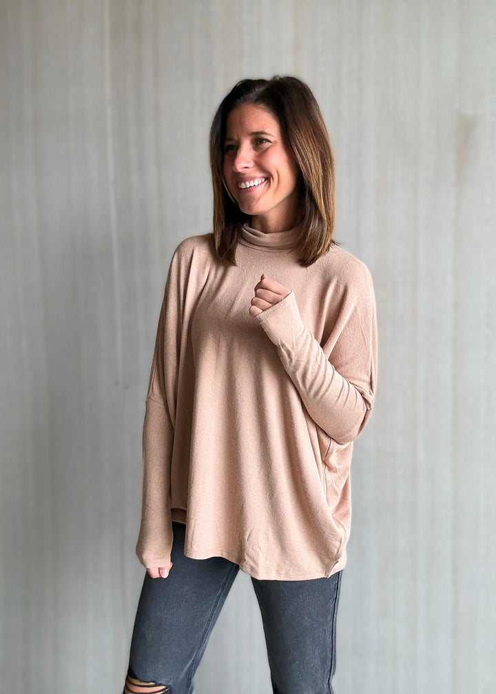 Women's Taupe Oversized Dolman Turtleneck Top