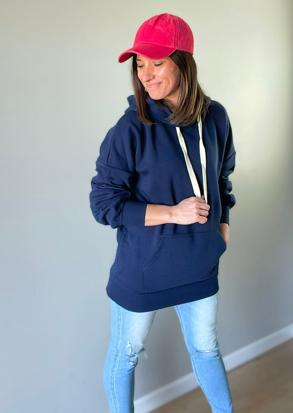 Women's Navy Oversized Hoodie with pockets. Long navy hoodie sweatshirt.