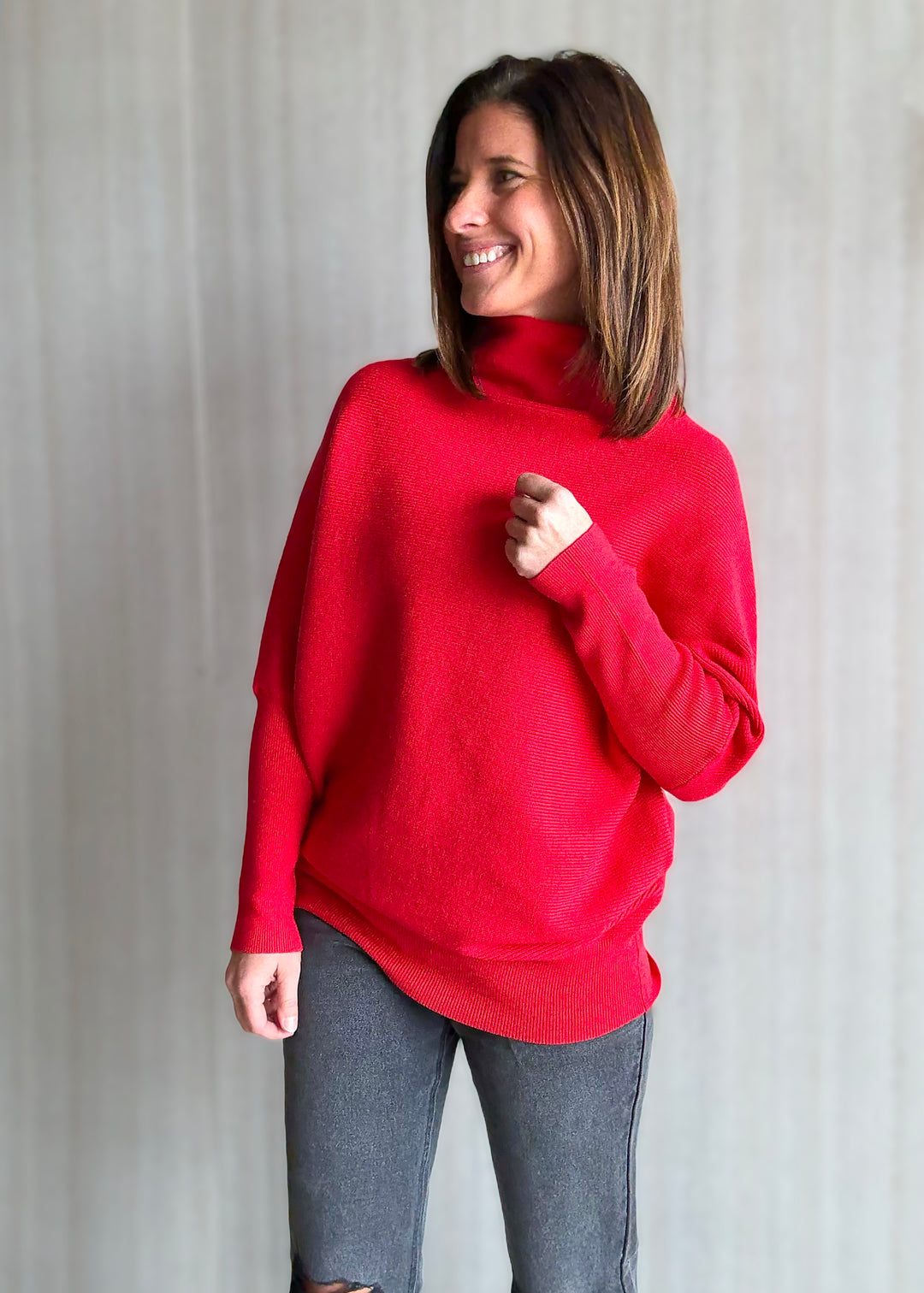 Red Dolman Sleeve Mock Neck Sweater - perfect for the holidays!