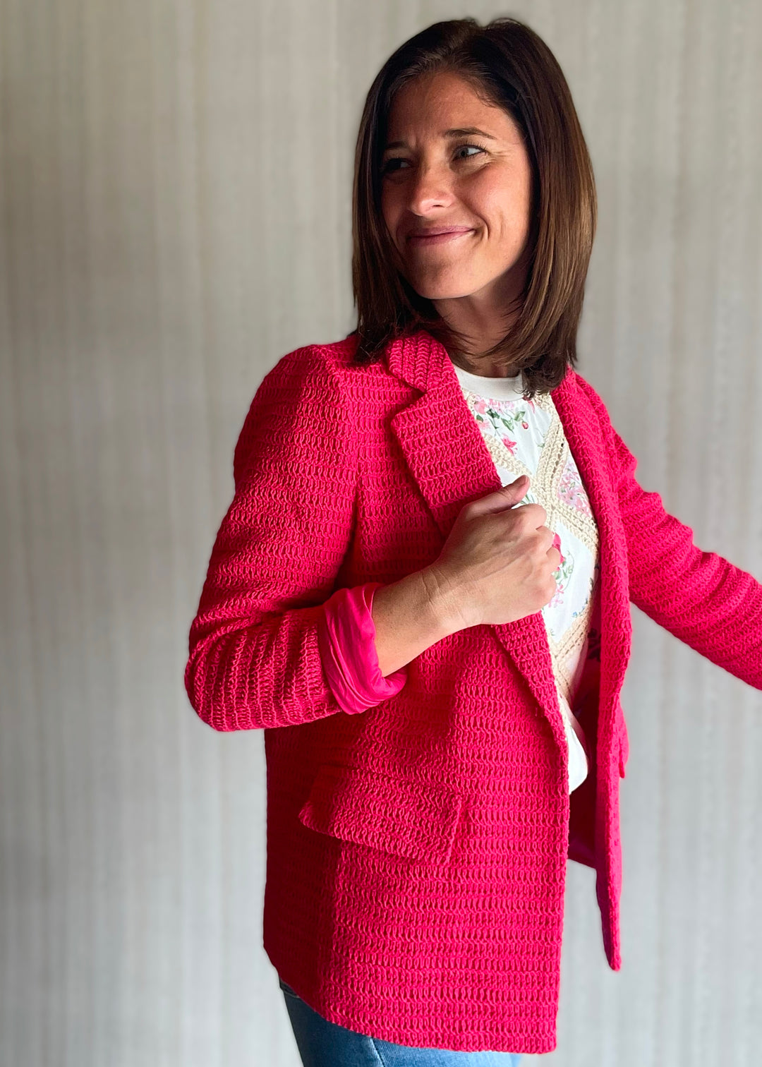 Raspberry Crochet Blazer by Skies Are Blue sold at Embolden, a Central Illinois Women's Clothing Boutique. Cute, spring & summer women's blazer.