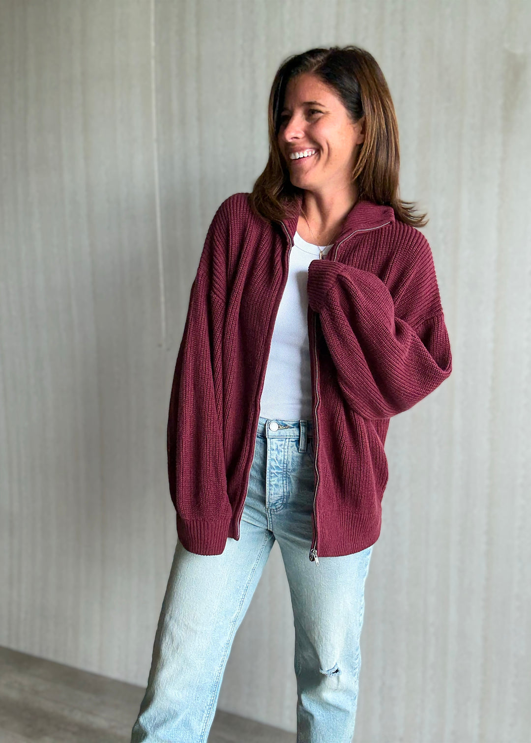 Women's Burgundy Oversized Zip Cardigan