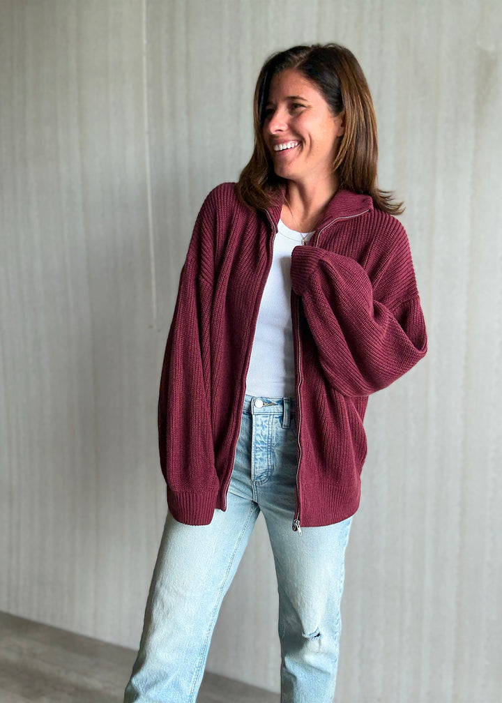 Women's Burgundy Oversized Zip Cardigan