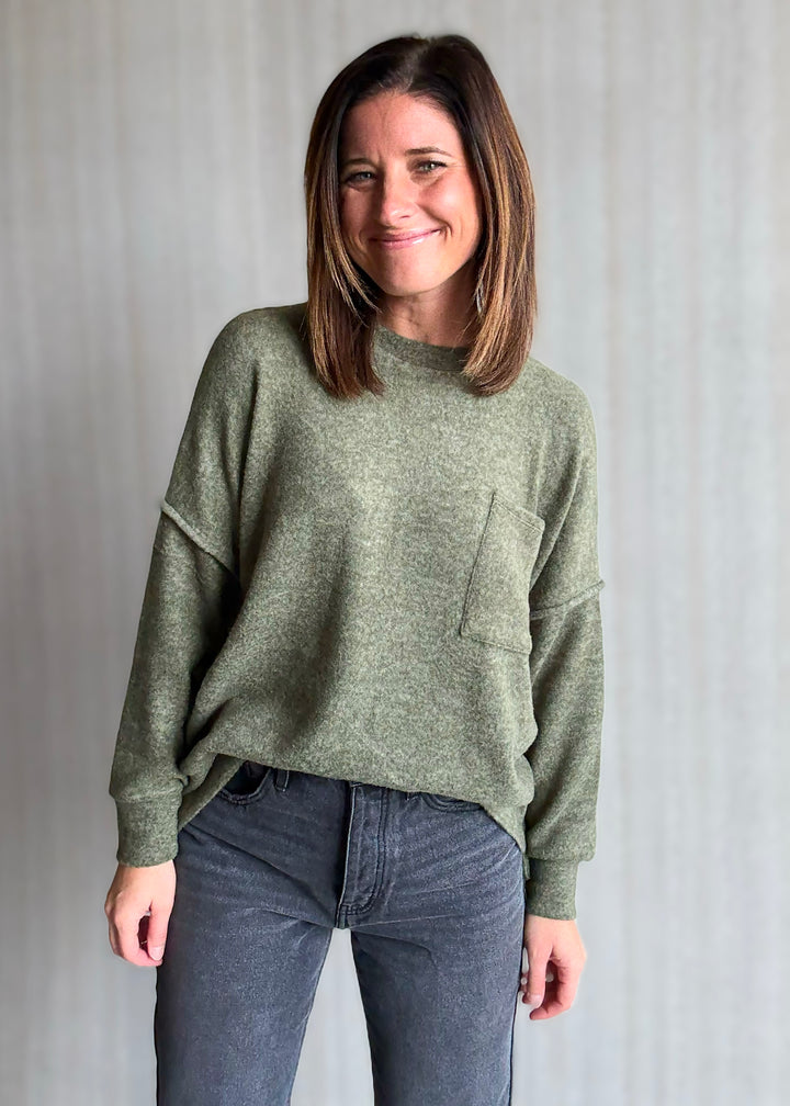 Women's cozy olive green Brushed Melange Drop Shoulder Top 