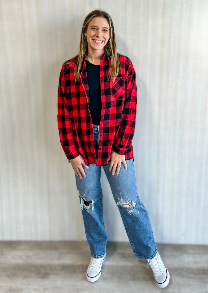 Oversize Red/Black Plaid Flannel Shirt \ Women's red and black buffalo check top