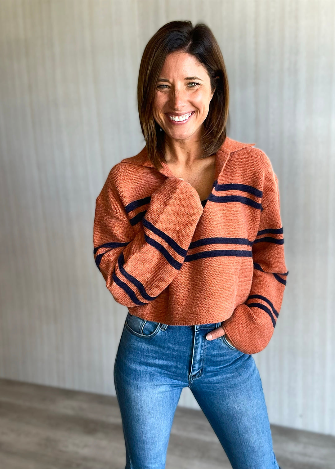 Women's Rust-Orange & Navy Striped Cropped Sweater