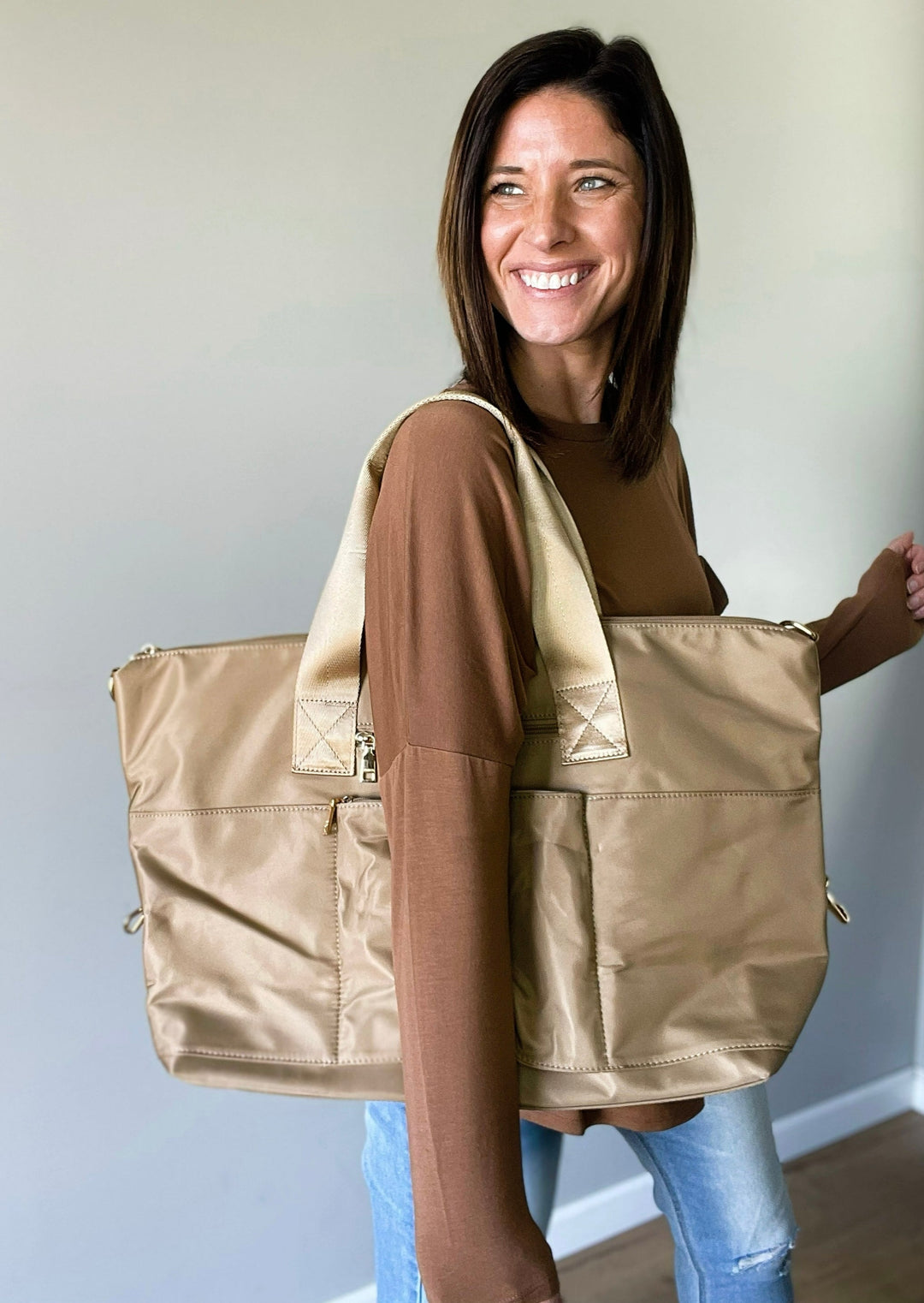 Women's Travel Bag - Taupe Nylon Weekender Bag