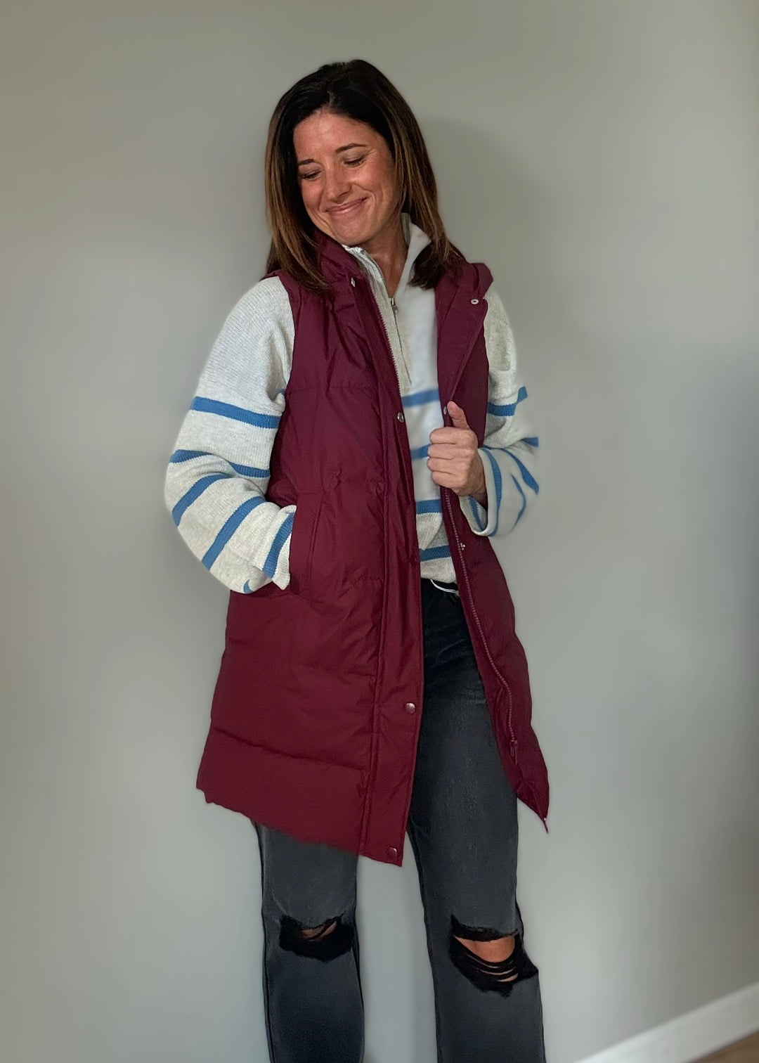 Women's Long Burgundy/Maroon Puffer Vest
