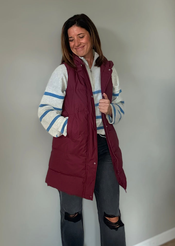 Women's Long Burgundy/Maroon Puffer Vest