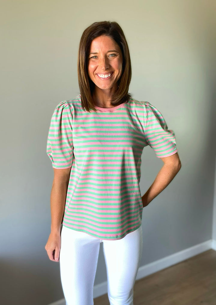 Women's Striped Puff Sleeve Top (Pastel - Pink and Mint Green))