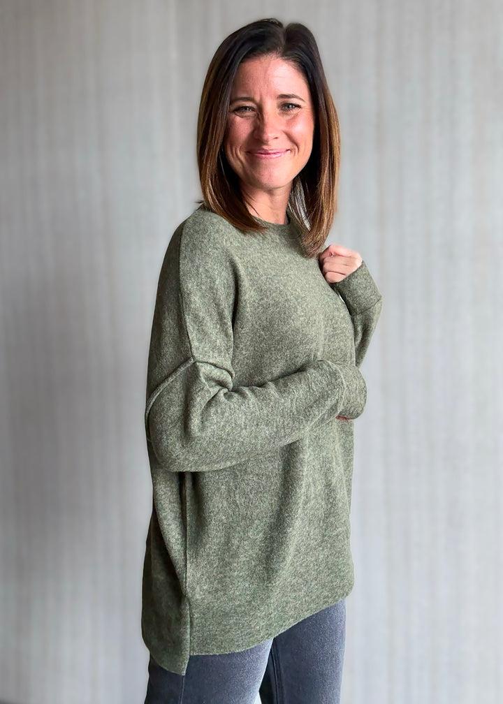 Women's cozy olive green Brushed Melange Drop Shoulder Top 