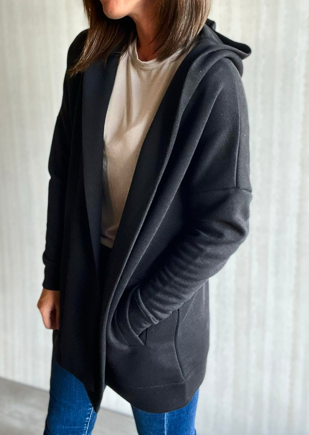 Black Open Front Athleisure Hooded Cardigan