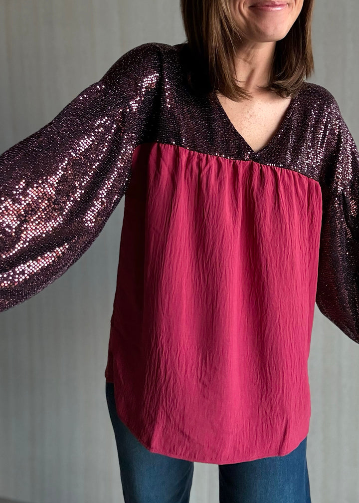 Maroon/Burgundy Sequin Babydoll Blouse | Women's Sequin Holiday Top