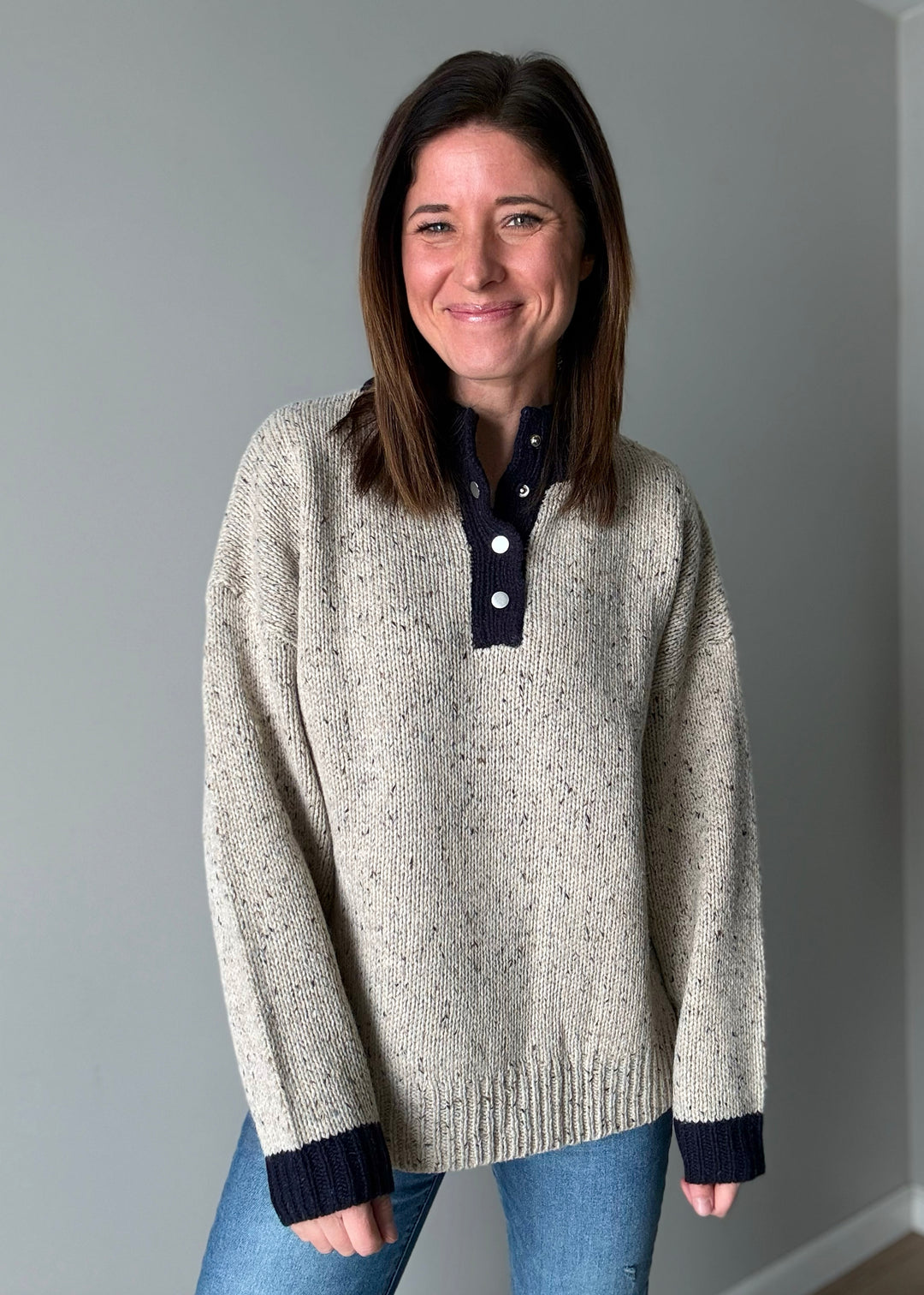 Women's Taupe & Navy Blue Henley Sweater | Classy women's sweater