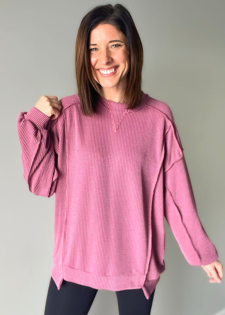 Cute Ribbed Pullover Maroon Women's Tops