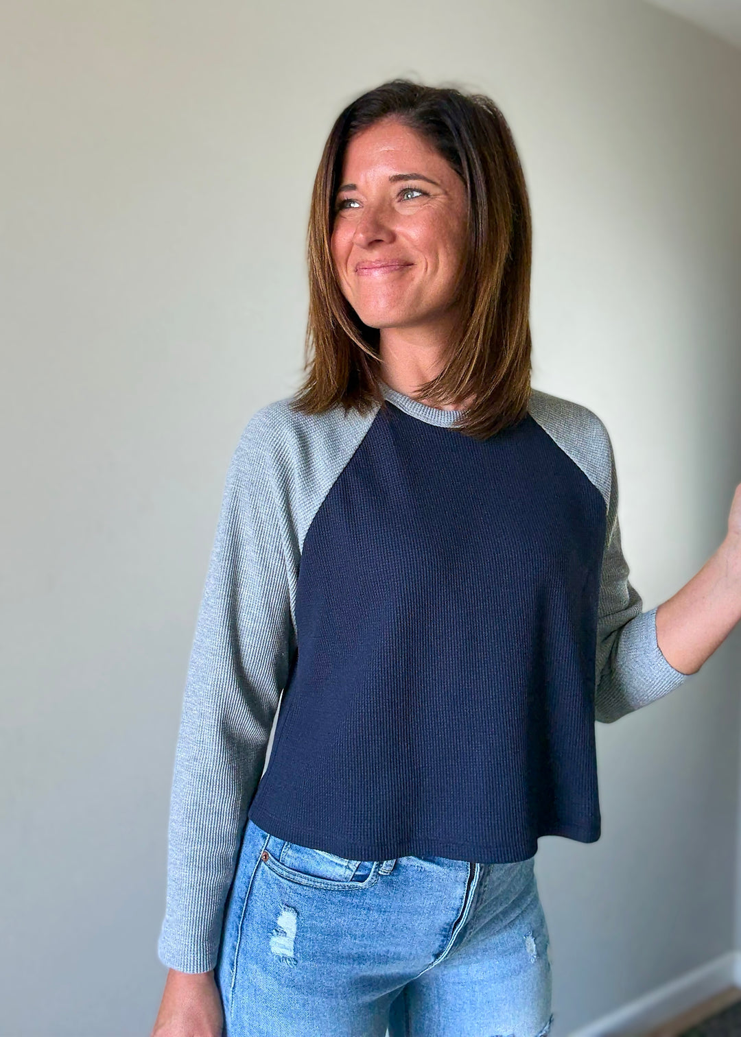 Women's Navy and Gray Waffle Raglan Top