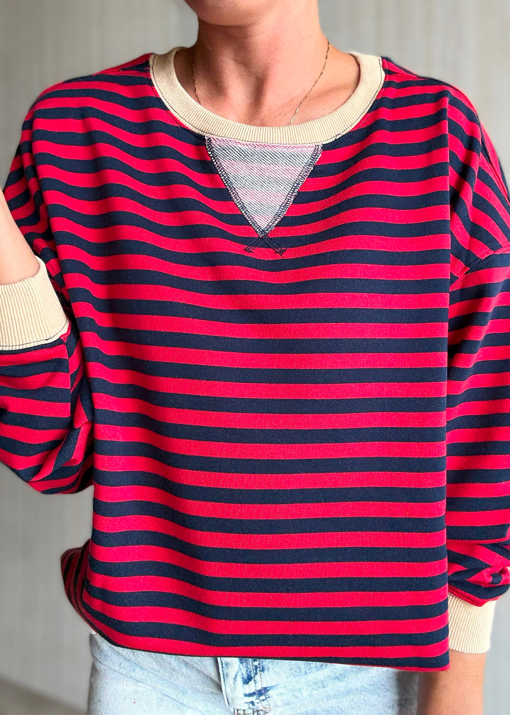 Women's Red & Navy Oversized Striped Top