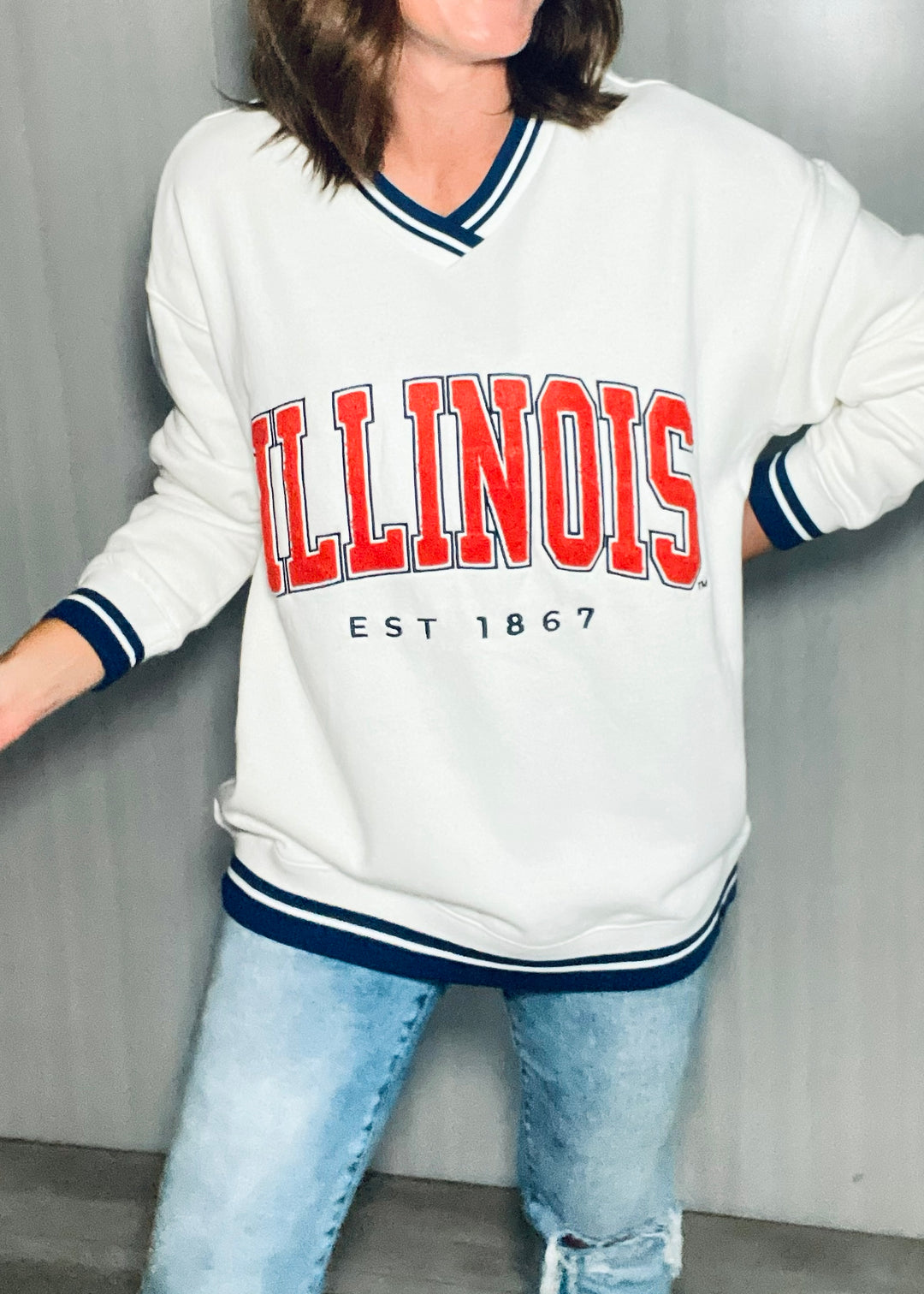 Women's Illinois Chenille Varsity V-Neck | Champaign-Urbana Area Boutique with outfits perfect for Illinois Game Day!