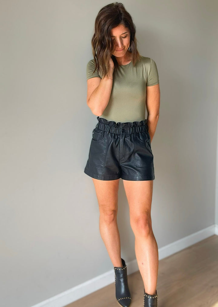 Women's Black Vegan Leather Shorts with paperbag waist