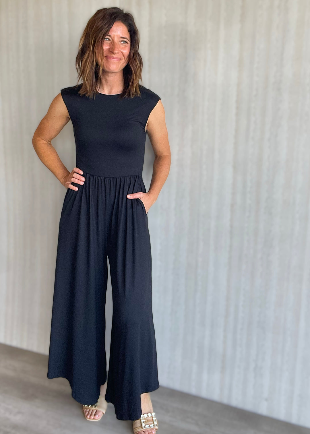 Women's Black Jumpsuit with open back and wide leg pants