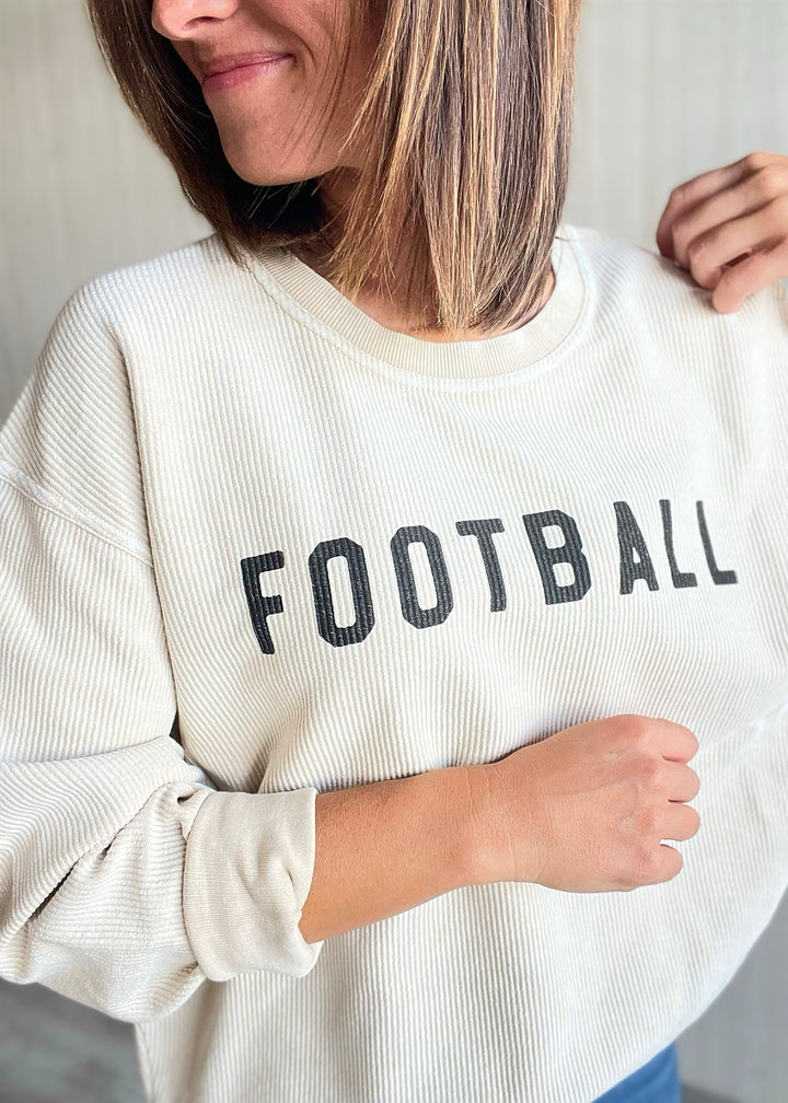 Vintage Dusty Vanilla Football Thermal Pullover - corded cream pullover for women with football text, neutral colors