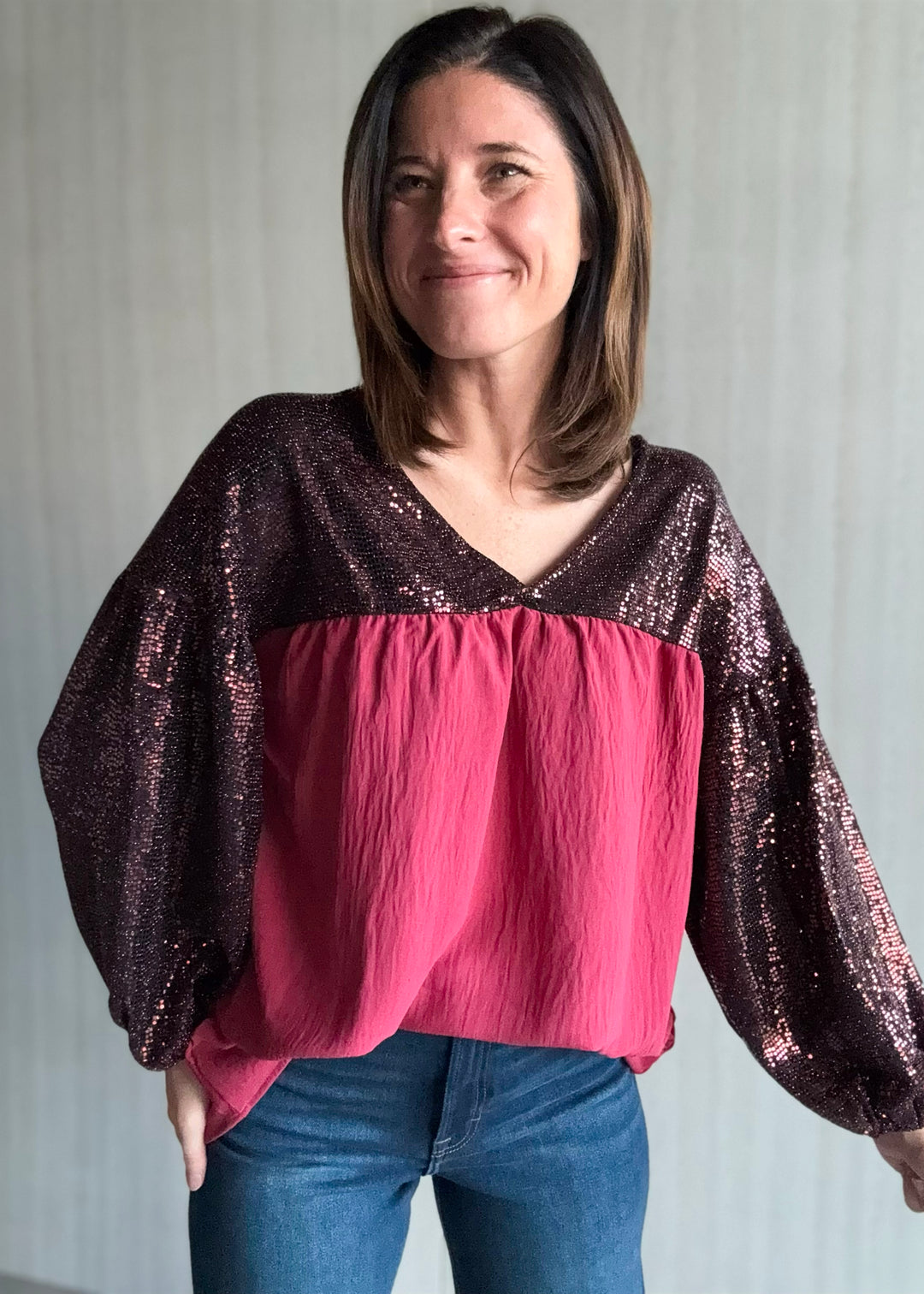Maroon/Burgundy Sequin Babydoll Blouse | Women's Sequin Holiday Top
