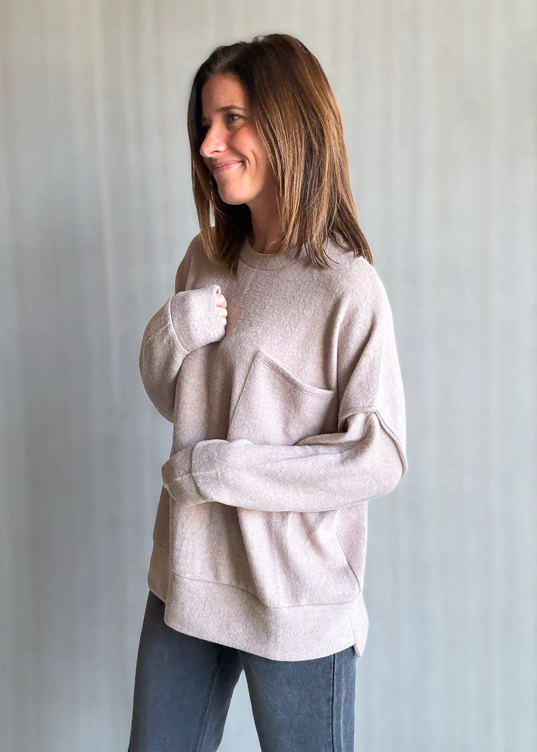 Women's cozy Brushed Melange Drop Shoulder Top in a light tan color