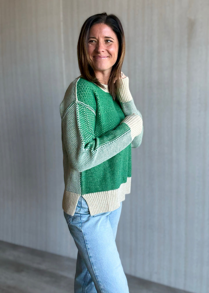 Green Color Block Textured Sweater