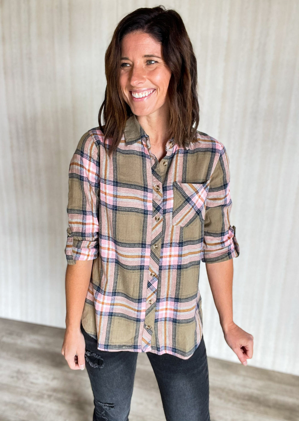 Olive and Pink Plaid Button-Up Shirt | Women's Plaid Tops